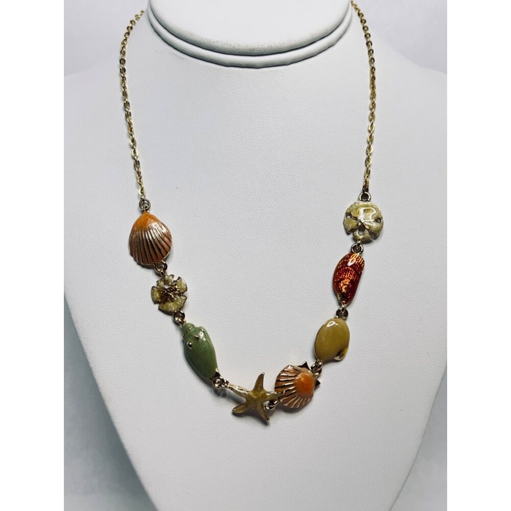 JJI Gold Tone And Enamel Shell Beach Theme Cable Chain Necklace (5404)